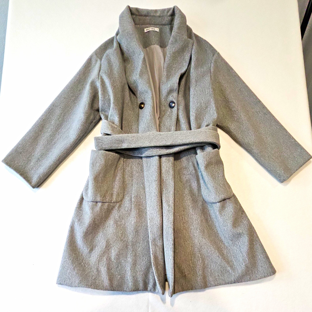 Grace Karin Women's Gray Solid Belted Lined Mid-Length Overcoat Coat XL
